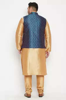 Rose Gold, Blue And White Silk Blend Jacket Kurta Pyjama Set