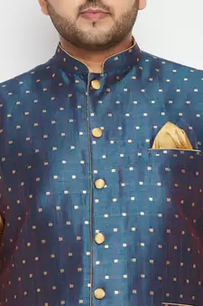 Rose Gold, Blue And White Silk Blend Jacket Kurta Pyjama Set