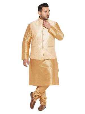 Rose Gold, Gold And White Silk Blend Jacket Kurta Pyjama Set 1
