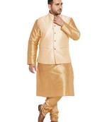 Men'S Rose Gold, Gold And White Silk Blend Jacket Kurta Pyjama Set