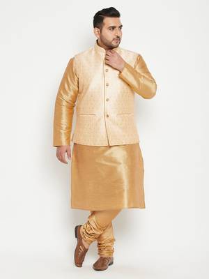 Rose Gold, Gold And White Silk Blend Jacket Kurta Pyjama Set 2