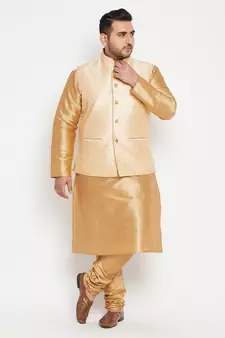 Rose Gold, Gold And White Silk Blend Jacket Kurta Pyjama Set