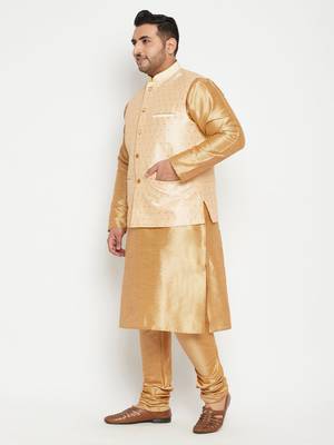 Rose Gold, Gold And White Silk Blend Jacket Kurta Pyjama Set 3