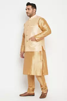 Rose Gold, Gold And White Silk Blend Jacket Kurta Pyjama Set