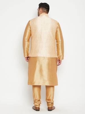 Rose Gold, Gold And White Silk Blend Jacket Kurta Pyjama Set 4