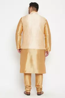 Rose Gold, Gold And White Silk Blend Jacket Kurta Pyjama Set