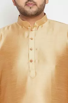 Rose Gold, Gold And White Silk Blend Jacket Kurta Pyjama Set