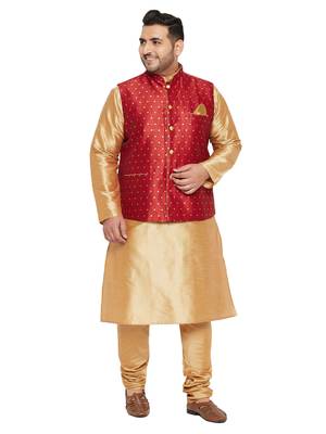 Rose Gold, Maroon And White Silk Blend Jacket Kurta Pyjama Set 1