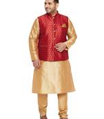 Rose Gold, Maroon And White Silk Blend Jacket Kurta Pyjama Set