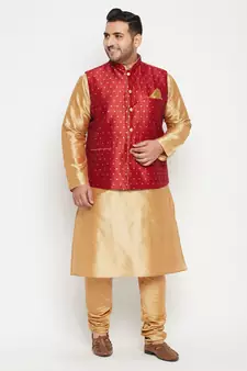 Rose Gold, Maroon And White Silk Blend Jacket Kurta Pyjama Set