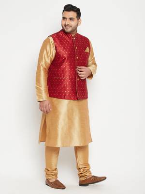Rose Gold, Maroon And White Silk Blend Jacket Kurta Pyjama Set 3