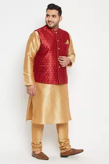 Rose Gold, Maroon And White Silk Blend Jacket Kurta Pyjama Set