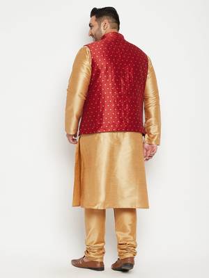 Rose Gold, Maroon And White Silk Blend Jacket Kurta Pyjama Set 4