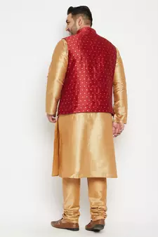 Rose Gold, Maroon And White Silk Blend Jacket Kurta Pyjama Set