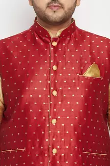 Rose Gold, Maroon And White Silk Blend Jacket Kurta Pyjama Set