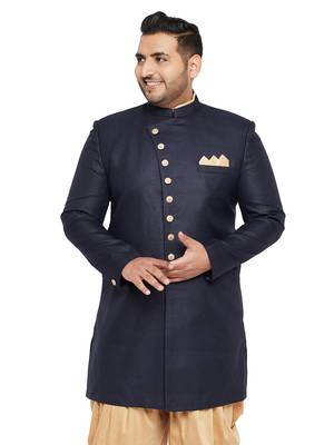 Men'S Navy Blue Silk Blend Sherwani Only Top 1