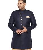 Men'S Navy Blue Silk Blend Sherwani Only Top