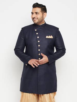 Men'S Navy Blue Silk Blend Sherwani Only Top 2