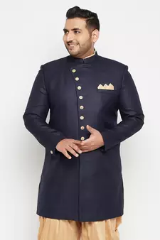 Men'S Navy Blue Silk Blend Sherwani Only Top