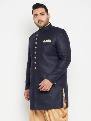 Men'S Navy Blue Silk Blend Sherwani Only Top 3