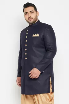 Men'S Navy Blue Silk Blend Sherwani Only Top
