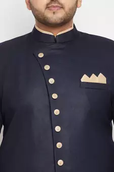 Men'S Navy Blue Silk Blend Sherwani Only Top