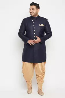 Navy Blue And Rose Gold Silk Blend Sherwani Set