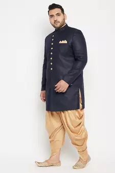 Navy Blue And Rose Gold Silk Blend Sherwani Set