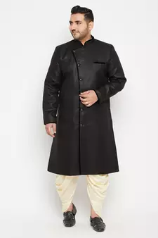 Black And Gold Silk Blend Sherwani Set