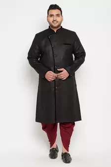 Black And Maroon Silk Blend Sherwani Set