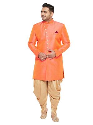 Orange woven silk blend sherwani 1