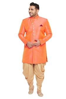 Orange woven silk blend sherwani