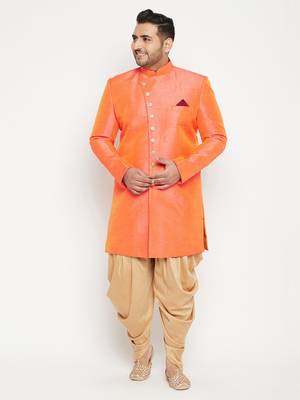 Orange woven silk blend sherwani 2