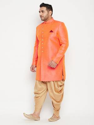Orange woven silk blend sherwani 3