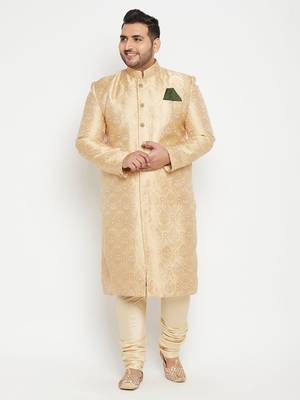 Gold woven silk blend sherwani 2