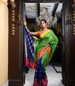 Blue And Green Half Half Gold Printed Saree