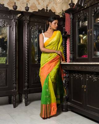 Pista And Green Half Half Gold Printed Handloom Saree 1