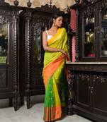 Pista And Green Half Half Gold Printed Handloom Saree