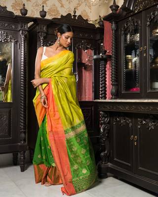 Pista And Green Half Half Gold Printed Handloom Saree 2