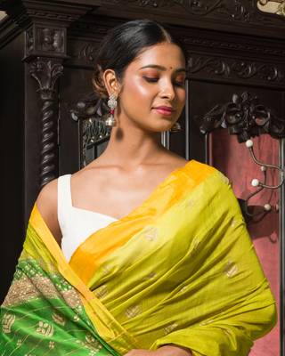 Pista And Green Half Half Gold Printed Handloom Saree 3