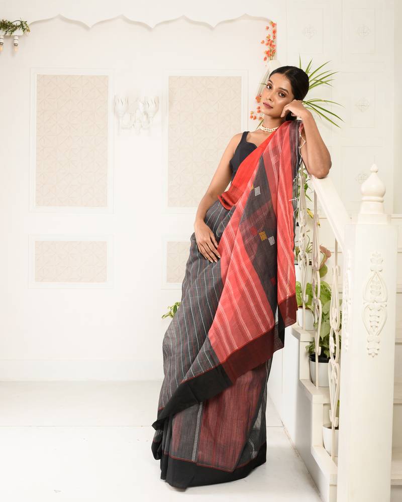 Steel Grey And Peach Woven Handloom Saree