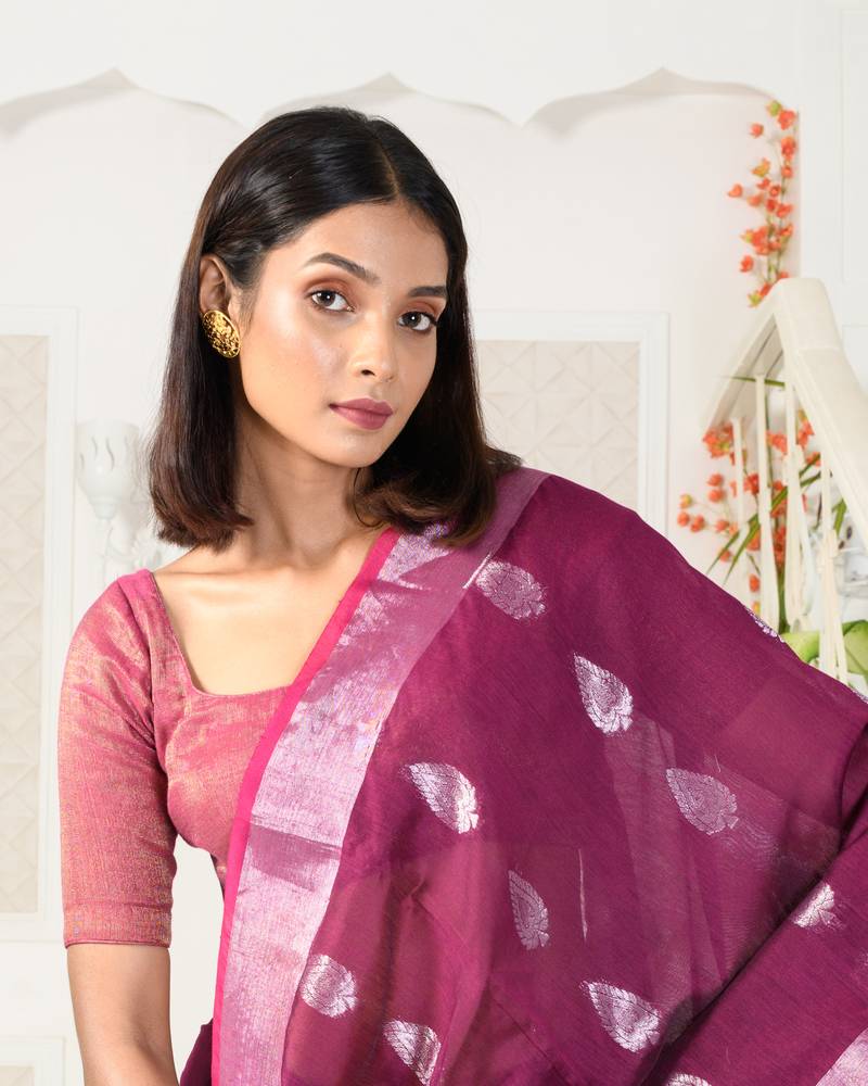 Purple Handwoven Saree With Silver Zari Border CHARUPAMA 3937213