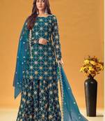 Blue Designer Heavy Embroidery Work Faux Georgette unstitched Long Length Kameez palazzo party-wear-salwar-kameez