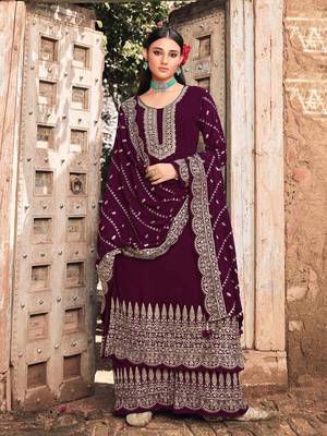 Wine Heavy Designer Embroidery Work Faux Georgette unstitched Long Length Kameez palazzo party-wear-salwar-kameez 1