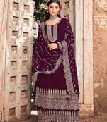 Wine Heavy Designer Embroidery Work Faux Georgette unstitched Long Length Kameez palazzo party-wear-salwar-kameez