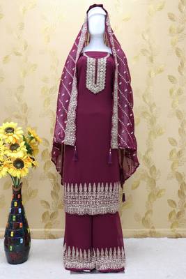 Wine Heavy Designer Embroidery Work Faux Georgette unstitched Long Length Kameez palazzo party-wear-salwar-kameez 2