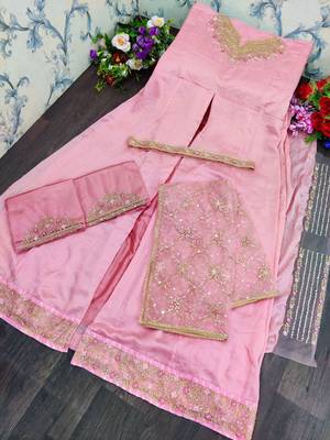 Pink Designer Multy Embroidery,Diamond Work Russian Silk unstitched Long Length Kameez Pant cotton salwar suit 2