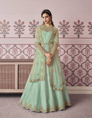 Sky Blue Designer Multy Embroidery,Diamond Work Russian Silk unstitched Long Length Kameez Pant cotton salwar suit 1