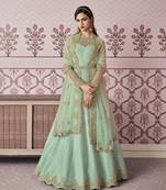 Sky Blue Designer Multy Embroidery,Diamond Work Russian Silk unstitched Long Length Kameez Pant cotton salwar suit