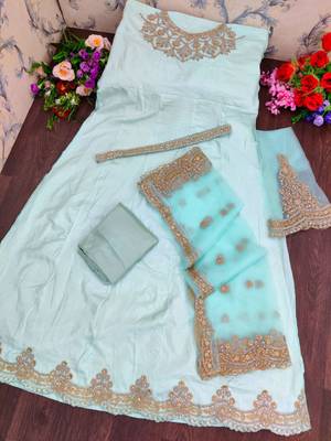 Sky Blue Designer Multy Embroidery,Diamond Work Russian Silk unstitched Long Length Kameez Pant cotton salwar suit 2